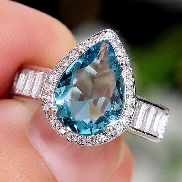 Dainty Sea Blue Water Drop Crystal Pure CZ Silver Pear Ring for Women, K916